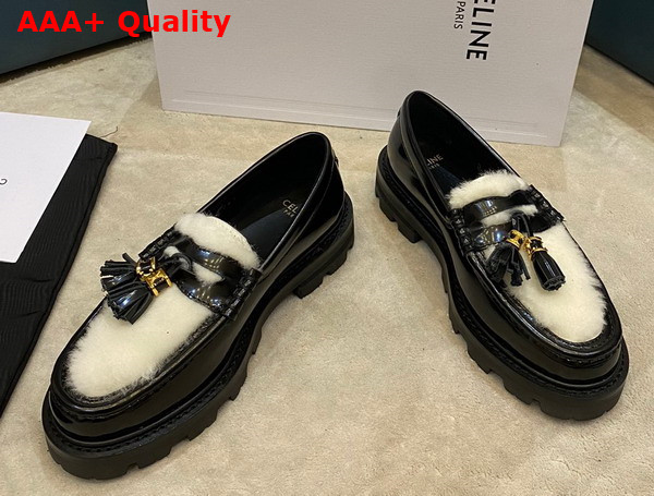 Celine Margaret Loafer with Tassels in Polished Bull and Shearling Black Natural Replica