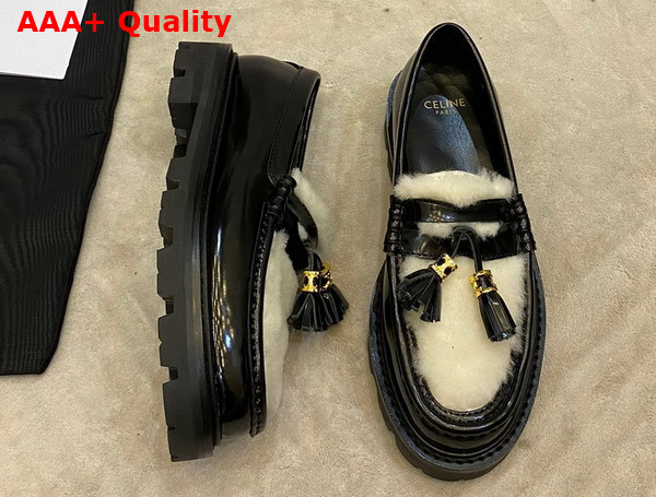 Celine Margaret Loafer with Tassels in Polished Bull and Shearling Black Natural Replica