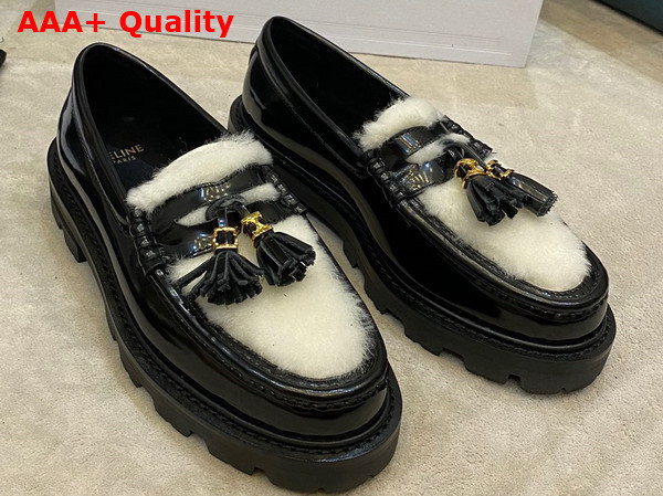 Celine Margaret Loafer with Tassels in Polished Bull and Shearling Black Natural Replica