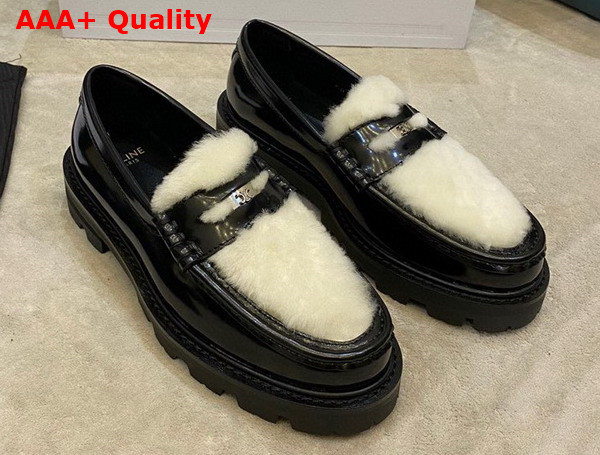 Celine Margaret Penny Chunky Loafer in Black Polished Bull with Shearling Replica