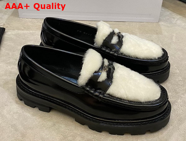 Celine Margaret Penny Chunky Loafer in Black Polished Bull with Shearling Replica