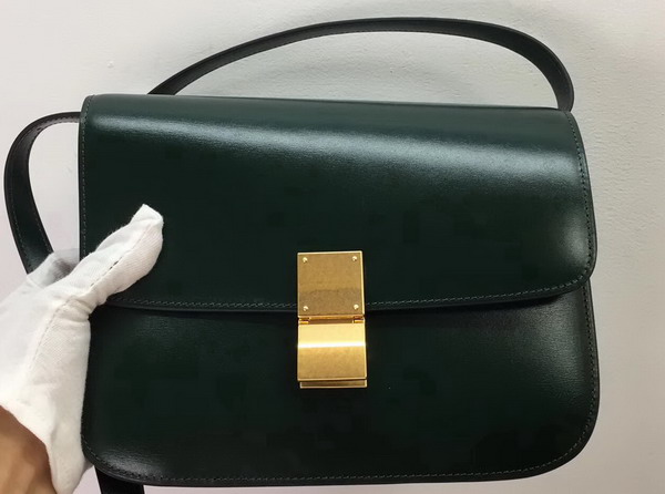 Celine Medium Box Bag Dark Green Box Calfskin Gold Hardware For Sale