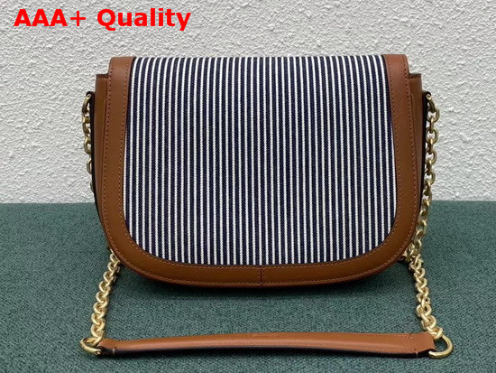 Celine Medium Chain Maillon Triomphe Bag in Hickory Stripes Textile and Calfskin Navy Tan Replica