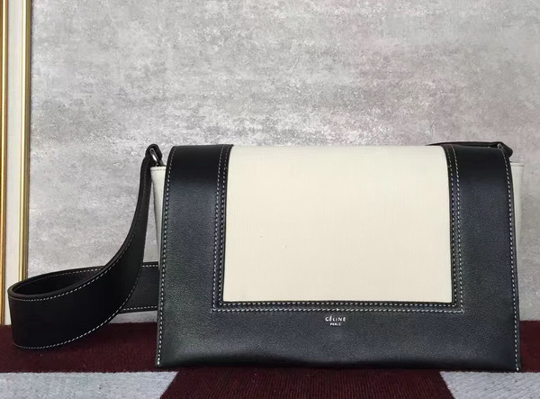 Celine Medium Frame Shoulder Bag in Black and White Shiny Smooth Calfskin and Textile for Sale