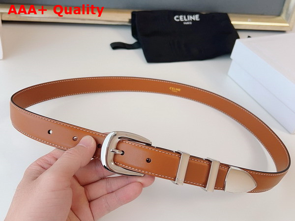 Celine Medium Western Belt in Tan Natural Calfskin with Silver Finishing Metal Replica