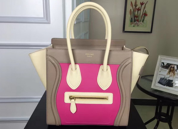 Celine Micro Luggage Handbag in Multicolour Natural Calfskin Pink Khaki Beige for Sale