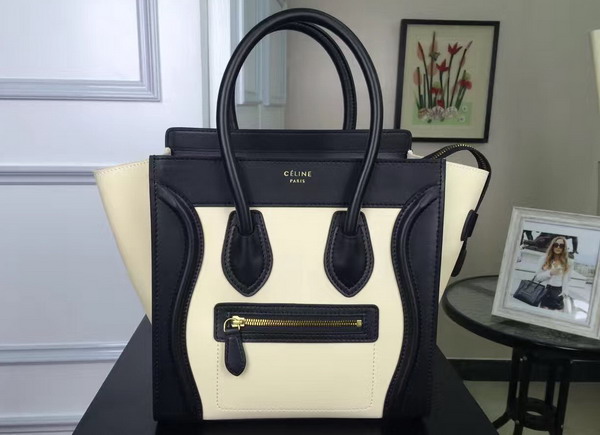 Celine Micro Luggage Handbag in Multicolour Natural Calfskin White with Black for Sale