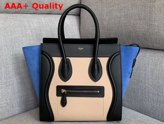 Celine Micro Luggage Handbag in Suede and Calfskin Blue Black and Beige Replica