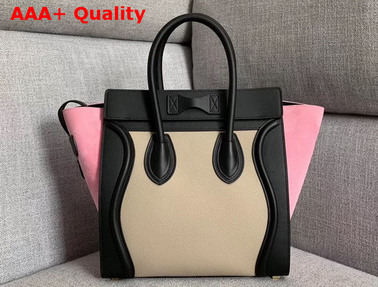 Celine Micro Luggage Handbag in Suede and Calfskin Pink Black and Beige Replica