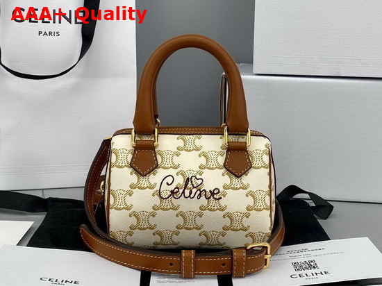 Celine Mini Boston Bag in Triomphe Canvas with Celine Cursive White Replica