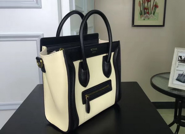 Celine Nano Luggage Handbag in Multicolour Natural Calfskin White and Black for Sale