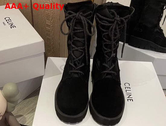 Celine Outdoor Lace Up Boot in Suede Calfskin and Nylon Black Replica