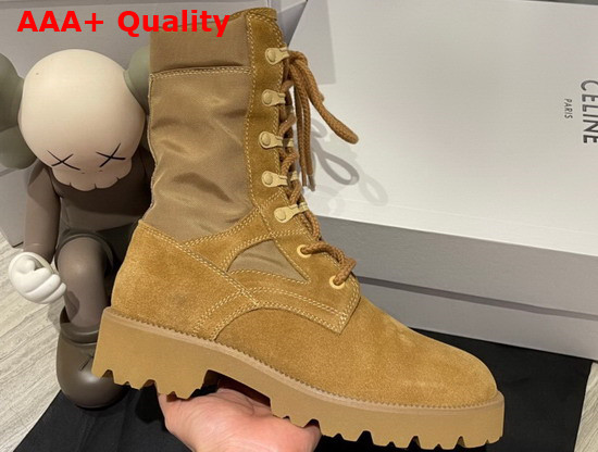 Celine Outdoor Lace Up Boot in Suede Calfskin and Nylon Tan Replica