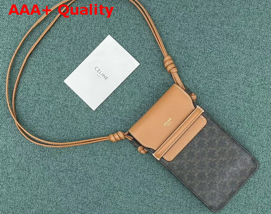 Celine Phone Pouch in Triomphe Canvas and Lambskin Tan Replica