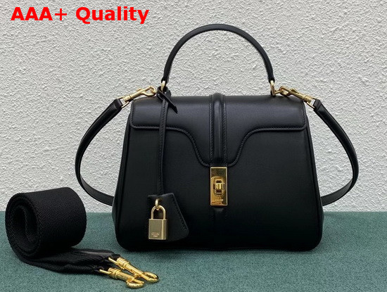 Celine Small 16 Bag in Black Satinated Calfskin with Long Strap in Textile and Calfskin Replica