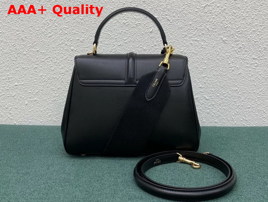 Celine Small 16 Bag in Black Satinated Calfskin with Long Strap in Textile and Calfskin Replica