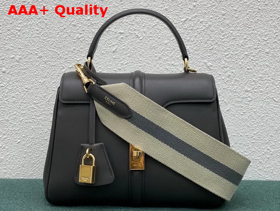 Celine Small 16 Bag in Grey Satinated Calfskin with Long Strap in Textile and Calfskin Replica