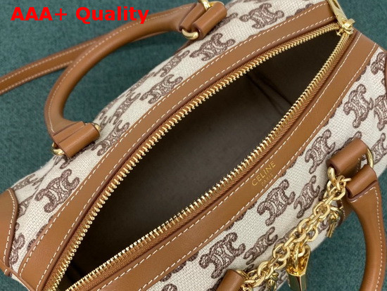 Celine Small Boston Bag in Textile with Triomphe Embroidery Brown Replica