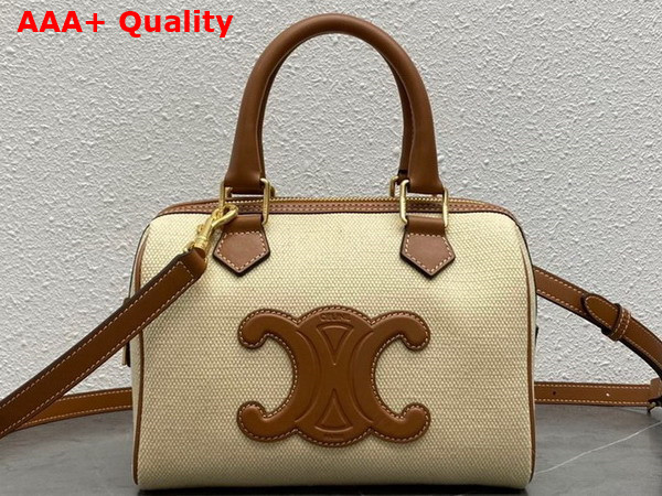 Celine Small Boston Cuir Triomphe in Texile and Calfskin Natural and Tan Replica