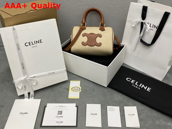 Celine Small Boston Cuir Triomphe in Texile and Calfskin Natural and Tan Replica