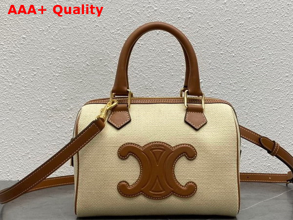 Celine Small Boston Cuir Triomphe in Texile and Calfskin Natural and Tan Replica