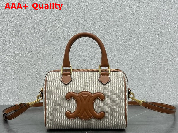 Celine Small Boston in Striped Textile and Calfskin Beige Replica