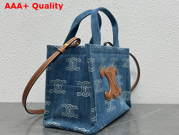 Celine Small Cabas Thais in Denim with Triomphe All Over Embroidery and Calfskin Navy and Tan Replica