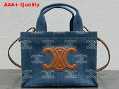 Celine Small Cabas Thais in Denim with Triomphe All Over Embroidery and Calfskin Navy and Tan Replica