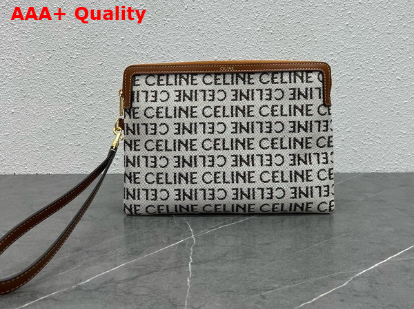 Celine Small Pouch with Strap in Textile with Triomphe Print and Calfskin White Replica