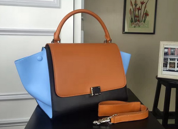 Celine Small Trapeze Handbag in Multicolour Smooth Calfskin Brown Black Light Blue for Sale