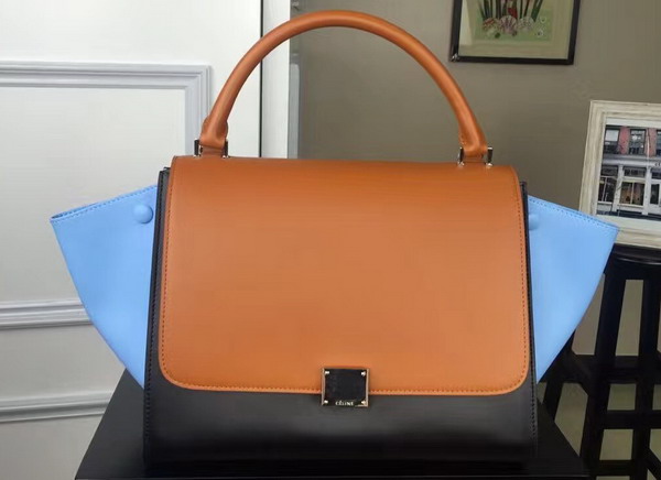 Celine Small Trapeze Handbag in Multicolour Smooth Calfskin Brown Black Light Blue for Sale