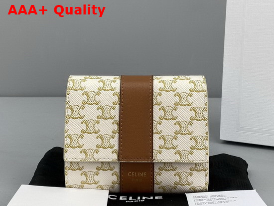 Celine Small Trifold Wallet in Triomphe Canvas and Lambskin White Tan Replica