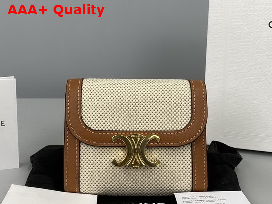 Celine Small Triomphe Wallet in Textile and Calfskin Natural Tan Replica