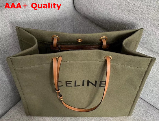 Celine Squared Cabas Celine in Textile with Celine Print and Calfskin Khaki and Tan Replica