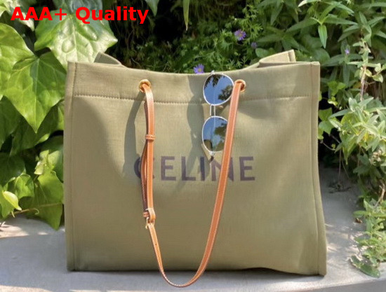 Celine Squared Cabas Celine in Textile with Celine Print and Calfskin Khaki and Tan Replica