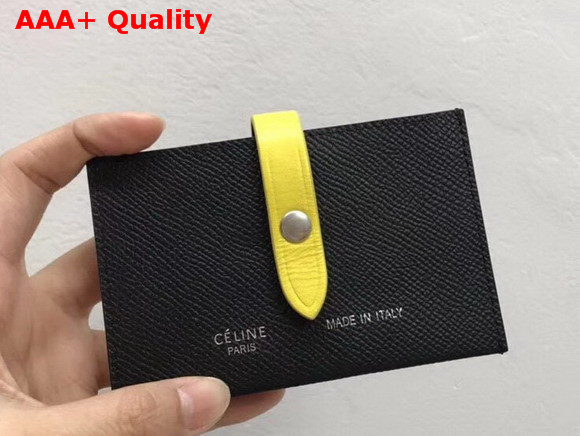 Celine Strap Card Holder in Grained and Shiny Calfskin Black and Yellow Replica