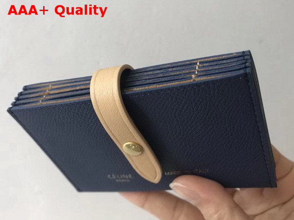 Celine Strap Card Holder in Grained and Shiny Calfskin Navy and Beige Replica