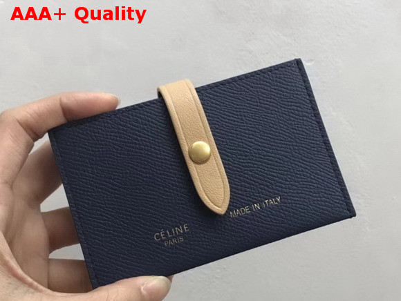 Celine Strap Card Holder in Grained and Shiny Calfskin Navy and Beige Replica