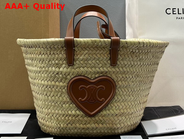 Celine Teen Triomphe Celine Classic Panier in Palm Leaves with Calfskin Heart Patch Tan Replica