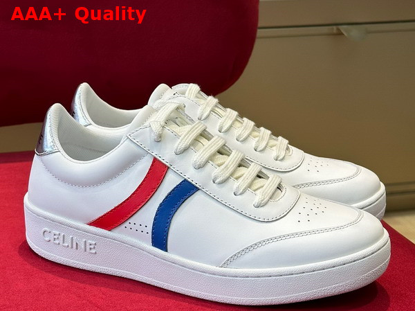 Celine Tennis Sneakers in Calfskin and Laminated Calfskin Optic White Blue Red Replica