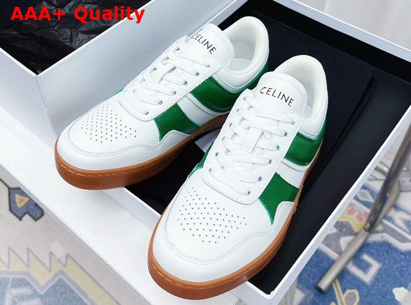 Celine Trainer Low Lace Up Sneaker in Calfskin Optic White Flash Green Replica