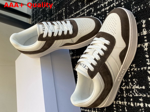 Celine Trainer Low Lace Up Sneaker in Calfskin and Suede White and Brown Replica