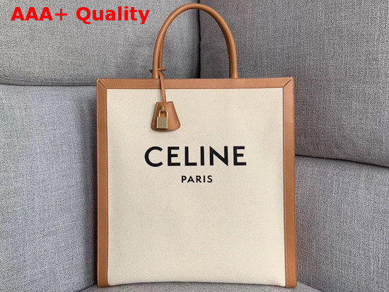 Celine Vertical Cabas Celine in Canvas with Celine Print and Calfskin Natural Tan Replica