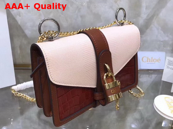 Chloe Aby Chain Shoulder Bag in Embossed Croco Effect and Lizard Effect on Calfskin Chestnut Brown and Pink Replica