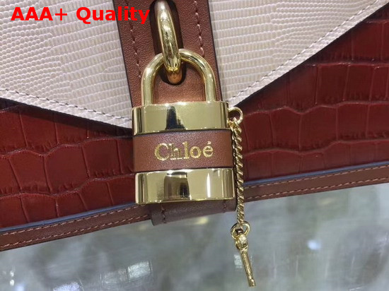 Chloe Aby Chain Shoulder Bag in Embossed Croco Effect and Lizard Effect on Calfskin Chestnut Brown and Pink Replica