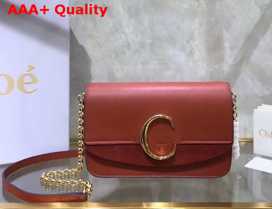 Chloe C Clutch with Chain Shiny and Suede Calfskin Rust Color Replica