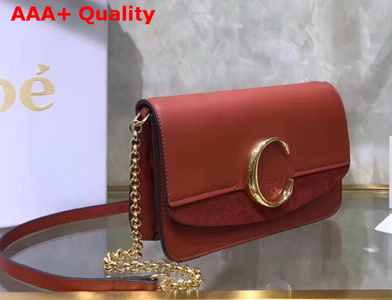 Chloe C Clutch with Chain Shiny and Suede Calfskin Rust Color Replica