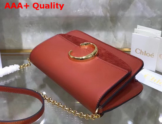 Chloe C Clutch with Chain Shiny and Suede Calfskin Rust Color Replica