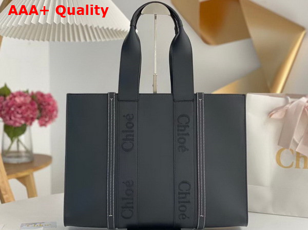 Chloe Large Woody Tote Bag Black Smooth Calfskin with Chloe Logo Replica