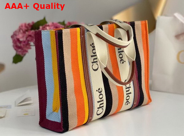 Chloe Large Woody Tote Bag Striped Cotton Canvas and Shiny Calfskin Brown Multicolour Replica